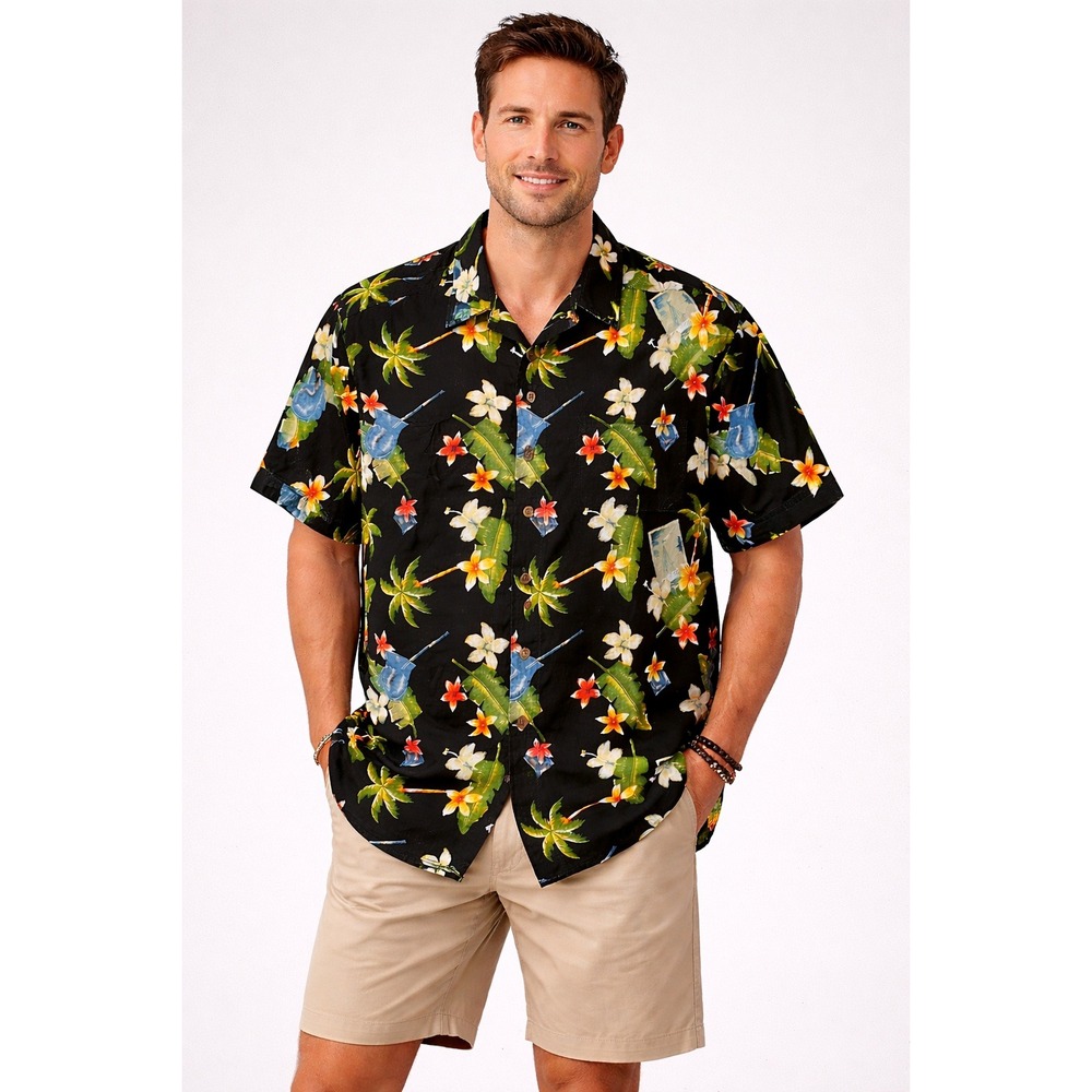 Pineapple Moon Hawaiian Shirt XL | Black Tropical Floral Button Up